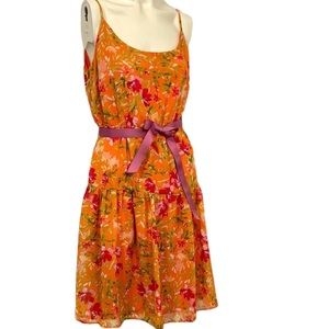 Orange Floral Summer Dress Short Tiered Spaghetti Strap Spring Shoer SoftGirl S